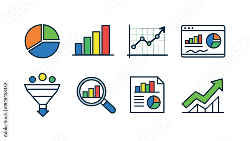 Data analytics dashboard: pie chart, bar chart, line chart, dashboard screen, data funnel, magnifying glass over chart, report document, trend arrow up