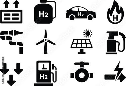 Hydrogen energy icons set, renewable fuel technology vector illustration isolated clean power sustainability industry concept