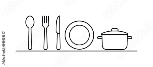 Kitchen utensil essentials used in everyday cooking and dining preparation supporting practical food preparation and meal serving routines, spoon, fork, knife, plate, and cooking