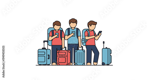 Three young travelers with luggage looking.