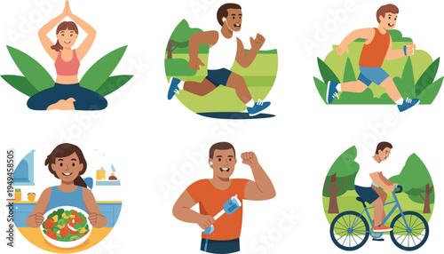 A vibrant illustration set featuring people engaging in various fitness activities outdoors with nature.