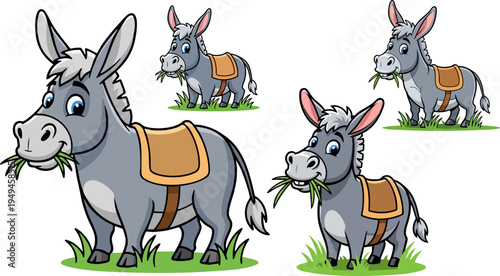 Cute cartoon donkey vector illustration set with four variations, each eating green grass and wearing a brown saddle, ideal for children's books or farm animal themes.