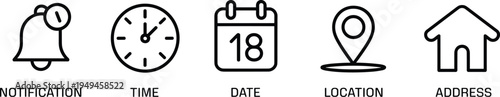 Notification time date location address outline icons set, navigation user interface vector illustration collection concept