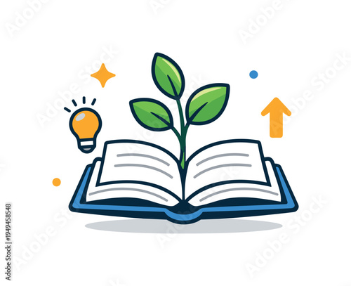 Personal learning journey and skill development focused on steady intellectual growth and expanding knowledge over time, an open book with a small plant sprouting from the pages