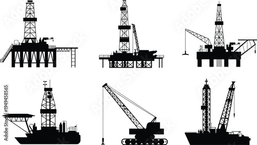 Offshore oil drilling rig silhouettes, petroleum platform industrial equipment vector illustration isolated energy engineering construction concept