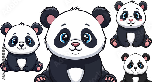 Cute Cartoon Panda Bear Character Vector Illustration Set with Four Different Poses, Ideal for Children's Books, Stickers, and Educational Materials