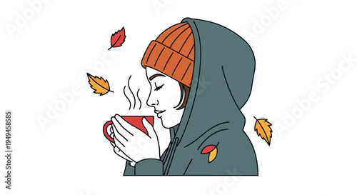 Woman Wearing Hoodie and Beanie Drinking.