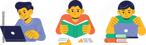 Three students study with laptops and books in a classroom setting indoors