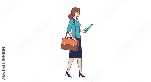 Businesswoman walking with briefcase and tablet.