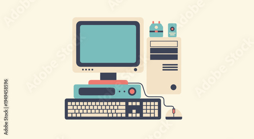 Retro computer with keyboard and monitor.