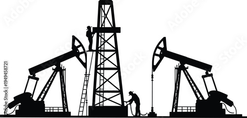 Oil pump jack drilling rig silhouette, petroleum extraction workers industrial energy production vector engineering illustration