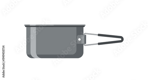 Gray metal camping pot with handle.