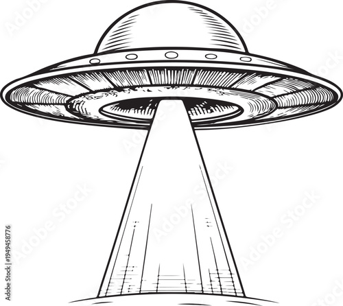 UFO Flying Saucer Aliens Abduction Hand-drawn Sketch Drawing Vector Illustration, Line Linear Symbol Black and White Engraving, Isolated
