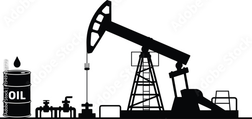 Oil pumpjack drilling silhouette, petroleum extraction industry equipment vector illustration isolated energy production engineering concept