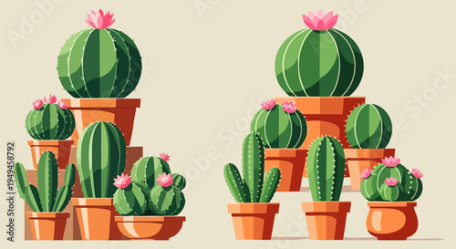 Set of 10 various green potted cacti and succulents with pink flowers, perfect vector illustration for desert plant themes, home decor, or garden designs.