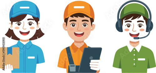 Three workers in different uniforms smiling and holding work materials indoors