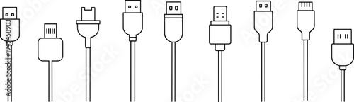 USB cable connectors line icons set, data transfer technology interface vector illustration collection isolated concept