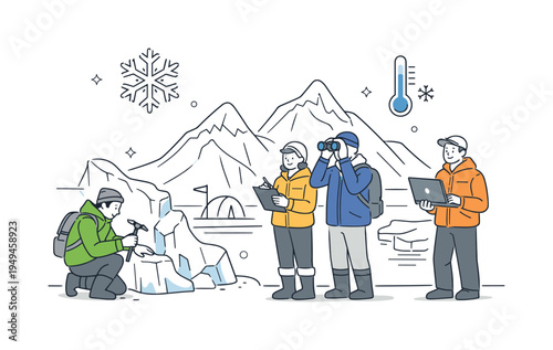 A climate research and arctic environment scene where scientists examine frozen glaciers and snow covered ice caps to understand environmental changes, illustrated through a visual