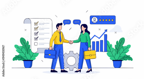 Business Partnership Agreement Vector Illustration with Man and Woman Shaking Hands, Contract Checklist, Growth Chart, and User Profile for Deal Closing and Collaboration