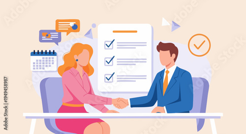 Business Deal Agreement Vector Illustration: Professional Man and Woman Shaking Hands with Checklist Document and Calendar for Partnership and Contract Signing
