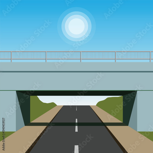 Minimalist highway overpass vector illustration with empty asphalt road and blue sky, creative flat design for transportation infrastructure, urban travel concepts, and modern road trip background
