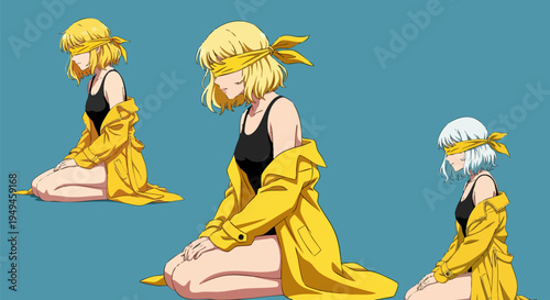 Three anime-style vector illustrations of a blindfolded woman in a black swimsuit and yellow raincoat, kneeling with head bowed, on a blue background, depicting vulnerability or contemplation.