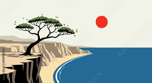 Minimalist vector illustration of a lone tree on a sandy cliff overlooking a calm blue ocean with a red sun in a clear sky, evoking a serene coastal landscape.