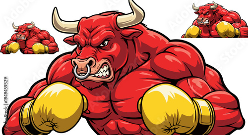 Muscular Red Bull Mascot Cartoon Wearing Yellow Boxing Gloves and Nose Ring on White Background, Symbolizing Strength and Aggression