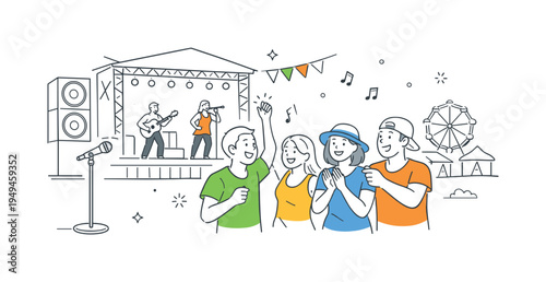 A lively entertainment moment where friends gather to enjoy music performances and outdoor festival activities in a shared cultural event space, visual metaphor of a large music