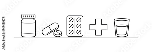 Medication management and daily health treatment routine supporting safe and organized use of prescribed or over the counter medicine, pill bottle, capsule pill, blister pack