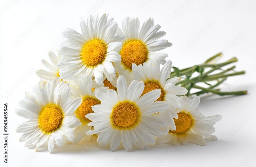 Obraz premium a bouquet of daisies with yellow centers and white petals on the right side, against a white background Generative AI