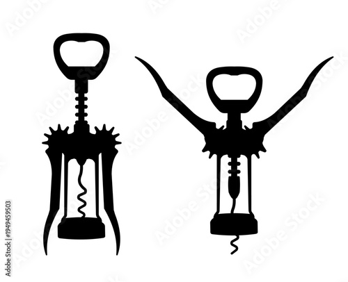 Wine corkscrews, set of silhouette illustrations of bottle openers, isolated