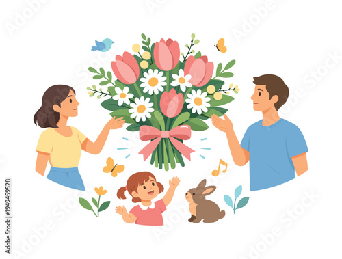 A fresh spring season celebration scene representing the arrival of warmer weather and blooming nature, represented with a bouquet of spring flowers including tulips, daisies, and