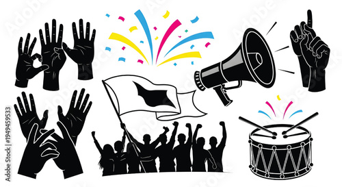 People Celebrating With Hands Raised And Flag Waving For Victory And Success Concepts on transparent background