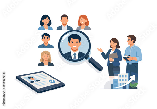 A recruitment and talent acquisition concept illustrating companies searching for the right professional to join their team, symbolized by a group of candidate profile icons, a