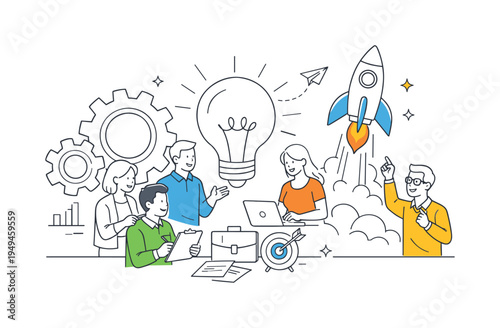 A collaborative startup team turning a fresh business concept into a growing company through strategic planning and teamwork, expressed with a visual metaphor of a rocket launching