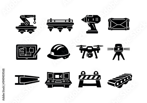 Futuristic hover construction: robotic crane, anti-gravity scaffold, energy drill, cargo container, blueprint tablet, safety helmet, drone inspector, laser level, reinforced beam