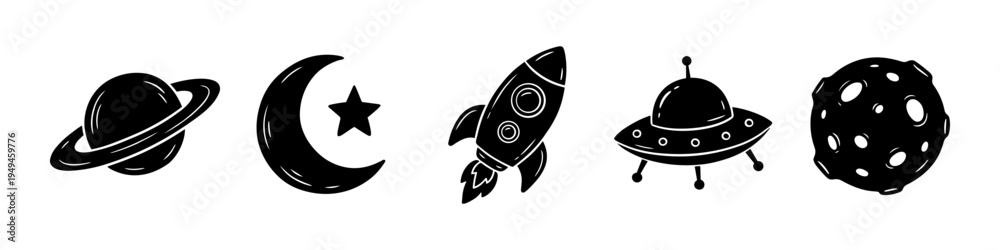 Fototapeta premium Saturn, Moon and Star Monochrome Icon Set. High quality stock illustration with clear subject focus and cohesive composition for versatile commercial usage.