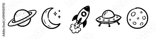 Planet, Moon and Stars Monochrome Icon Set. High quality stock illustration with clear subject focus and cohesive composition for versatile commercial usage.