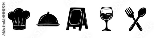 Chef Hat, Domed Lid and Menu Board Monochrome Icon Set. High quality stock illustration with clear subject focus and cohesive composition for versatile commercial usage.