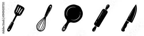 Spatula, Whisk and Frying Pan Monochrome Icon Set. High quality stock illustration with clear subject focus and cohesive composition for versatile commercial usage.