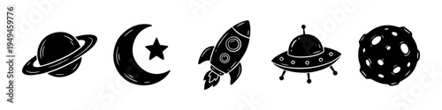 Saturn, Moon and Star Monochrome Icon Set. High quality stock illustration with clear subject focus and cohesive composition for versatile commercial usage.