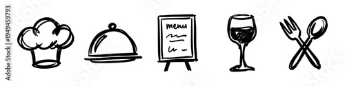 Chef Hat, Food Dome and Menu Board Monochrome Icon Set. High quality stock illustration with clear subject focus and cohesive composition for versatile commercial usage.