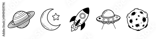 Planet, Moon and Star Monochrome Icon Set. High quality stock illustration with clear subject focus and cohesive composition for versatile commercial usage.