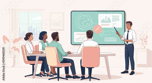 Business meeting: Diverse team in office, presenter explains charts on screen