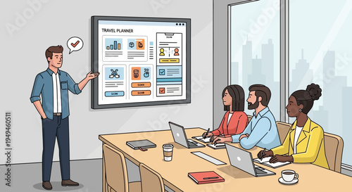 Business meeting presentation of travel planner app on screen by presenter to diverse team