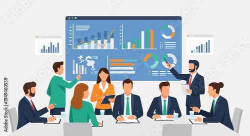 Business meeting with charts and graphs on screen, team discussing strategy