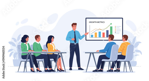 Business meeting: speaker presenting growth metrics on screen to colleagues in office