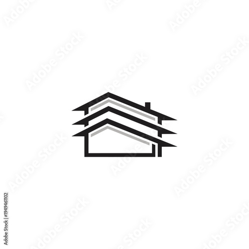 Stylized House with Layered Roofs Architectural Home Logo Design on Isolated White Background
