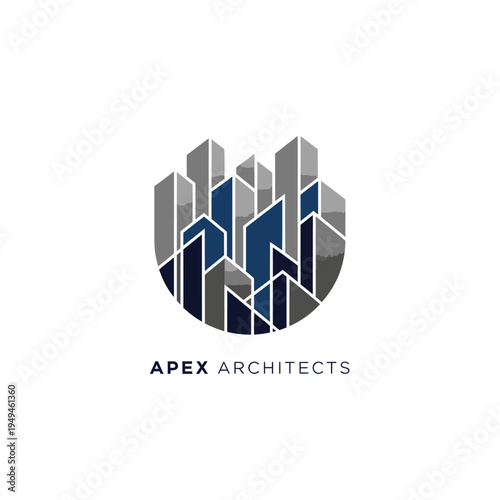 Abstract Geometric City Buildings Logo in Circular Arrangement on Isolated White Background
